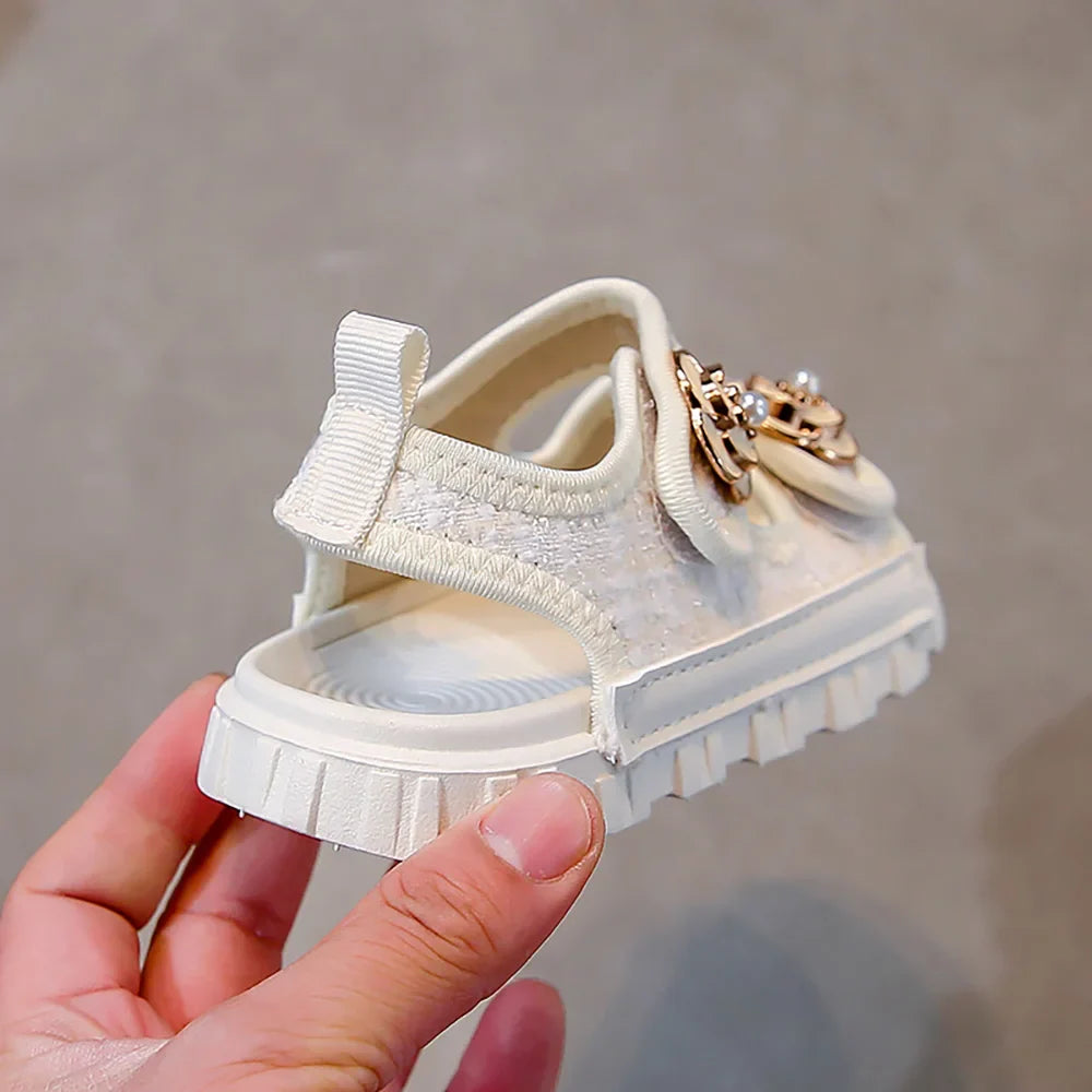 Korean Style Summer Sandals For Girls Luxury Pearl Flower Children's Beach Shoes Ergonomics Soft-soled Kid's Girl's Sandals