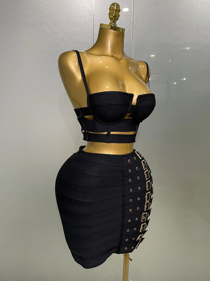 High Quality Women Sexy Bandage Tops Fashion Pencil Skirts Set Nightclub Party Celebrate Women's Set