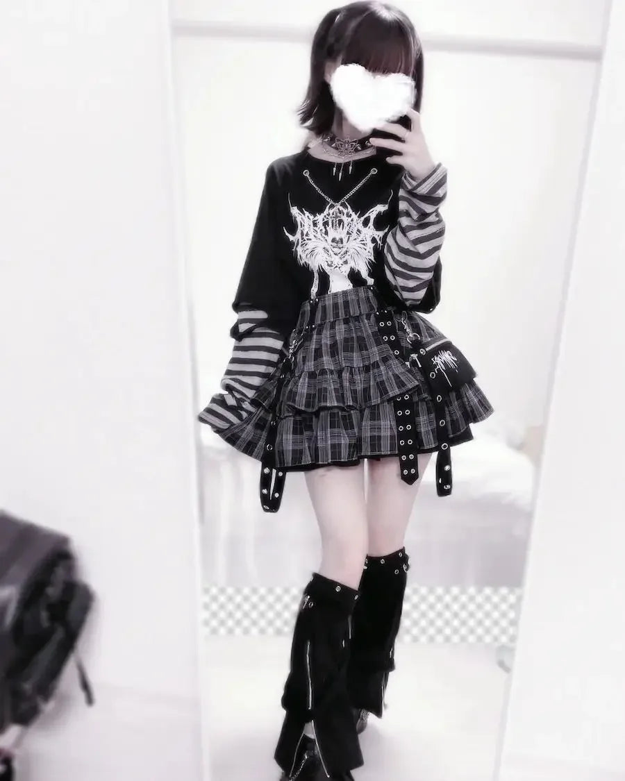 Japanese Style Mine Harajuku Punk Metal Buckle with Packet Decorative Ruffled Short Skirt Sweet Cool Girl Women's Plaid Skirt