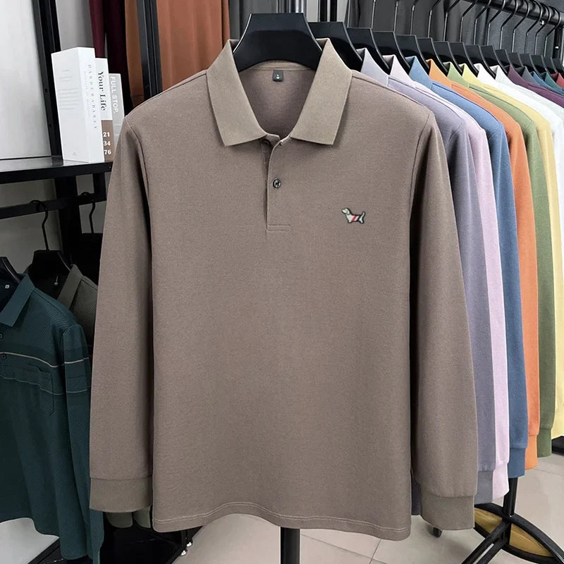 Fashion brand autumn new men's top casual warm 100% cotton long sleeved Polo shirt