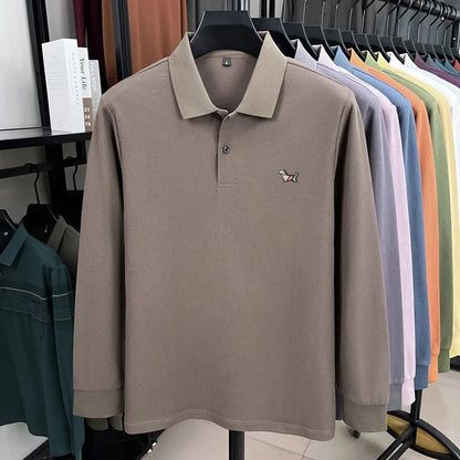 Fashion brand autumn new men's top casual warm 100% cotton long sleeved Polo shirt