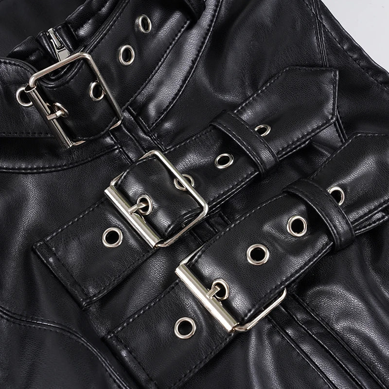 Retro Punk Pu Leather Vest With Sleeve Cover Women Gothic Black Sleeveless Turtleneck Top Y2k Metal Decorative Clothing
