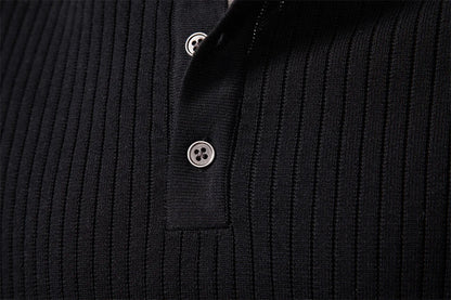 Button Placket Polo Shirt Men Ribbed Stripe Long Sleeve Contemporary Fit Minimalist Autumn Winter Premium Business Top