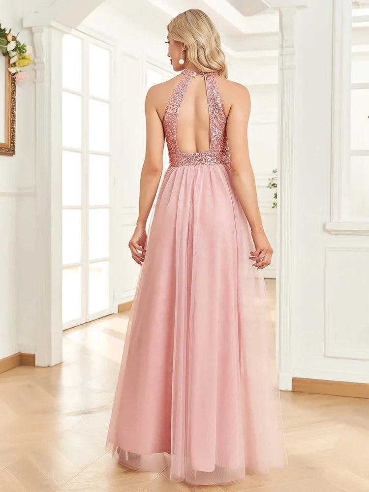 Elegant Sequins Evening Dress For Women 2025 Deep V-neck Tulle Prom Wedding Party Pink Floor Length Cocktail Gowns