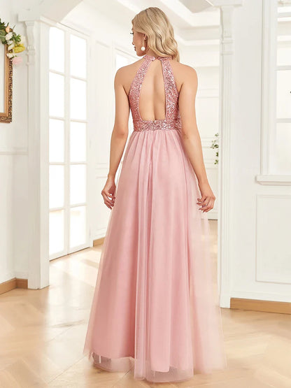 Elegant Sequins Evening Dress For Women 2025 Deep V-neck Tulle Prom Wedding Party Pink Floor Length Cocktail Gowns