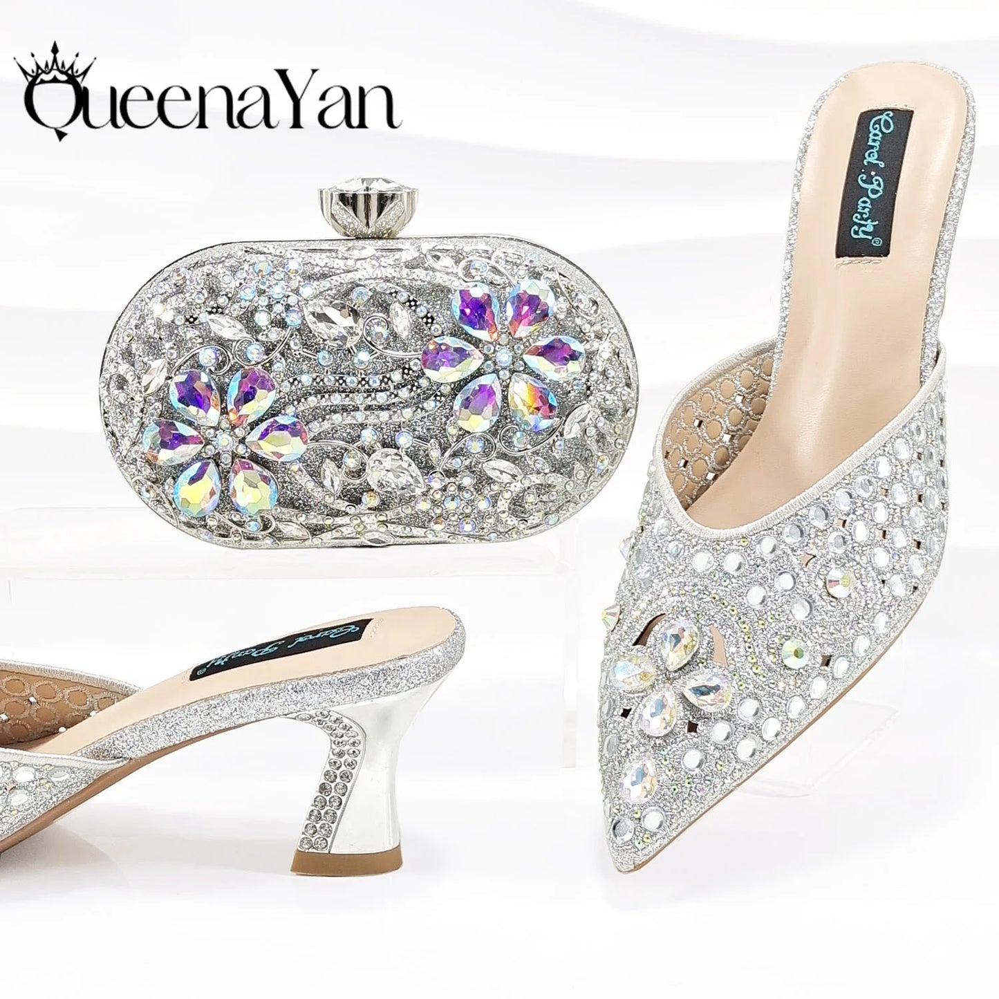 Nigerian Design Comfortable Women's Shoes with Diamond Oval Bag Women's High Heels for Party or Work