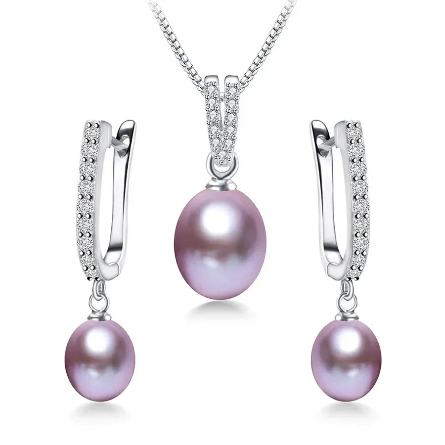 Horseshoe 8-9mm Rice Freshwater Pearl Earrings&Necklaces Jewelry Set for Women 925 Sterling Silver 45cm Pendant Necklace