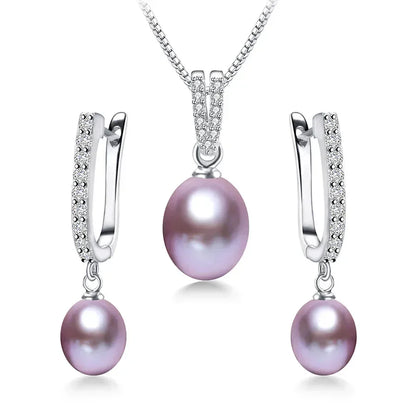Horseshoe 8-9mm Rice Freshwater Pearl Earrings&Necklaces Jewelry Set for Women 925 Sterling Silver 45cm Pendant Necklace