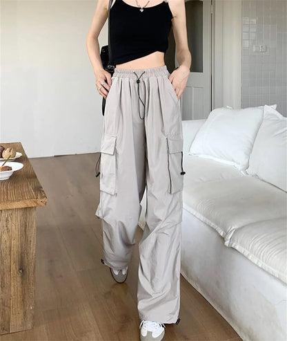 Black Men's Hip Hop Cargo Pants Casual Summer Solid Multiple Pockets Trousers Cool Ribbons Techwear Hip Hop Sweatpants Boys