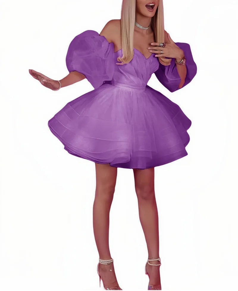 Vestidos de baile de cetim e tule ombro a ombro para festa, vestido de baile curto de coração, vestido de baile com mangas bufantes em linha A