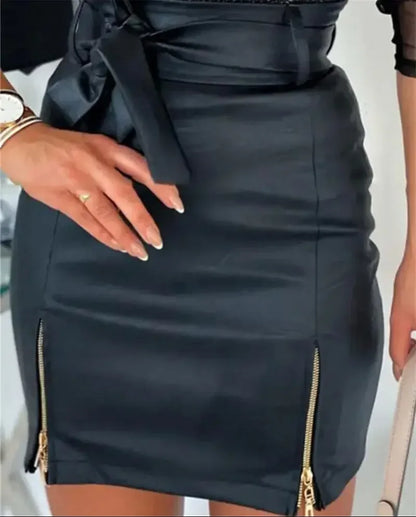 PU Leather Sexy Wrap Hip Skirt Women Nightclub Party Casual Wear Female High Waist Lace-up Zipper Hem Half-body Dress Streetwear