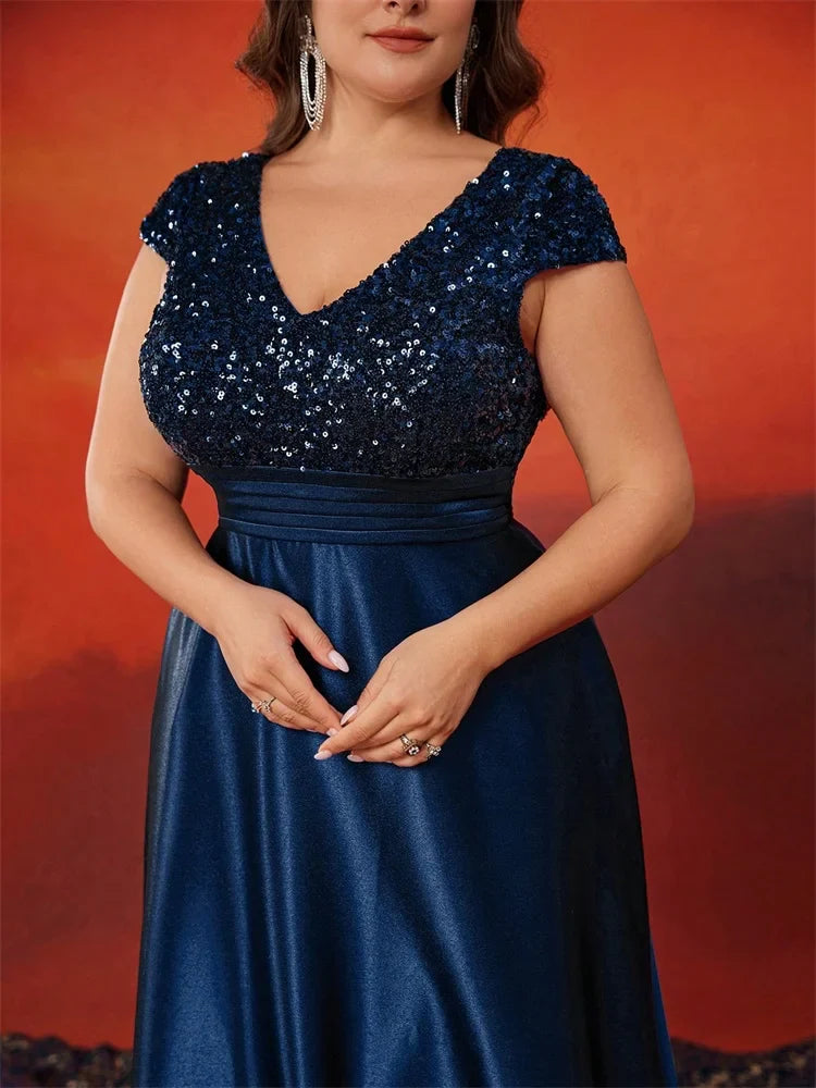 Plus Size Elegant V-Neck Red Sequins Evening Dress Long Luxury Women Satin Sleevesless Party Prom Cocktail Gowns