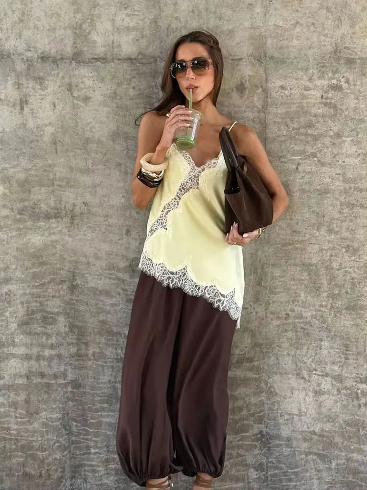 Women Fashion Polka Dot Camisole Tops Lace Patchwork Off Shoulders Tank Top 2026 Summer Trend High Street Lady Chic Tops