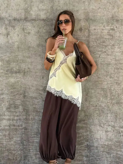 Women Fashion Polka Dot Camisole Tops Lace Patchwork Off Shoulders Tank Top 2026 Summer Trend High Street Lady Chic Tops