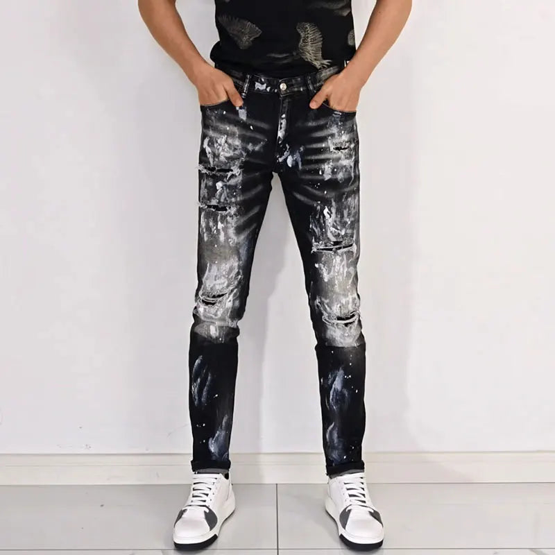 Street fashion men's black gray jeans, high-quality stretch slim fit painted corrugated jeans designer retro hip-hop brand pants