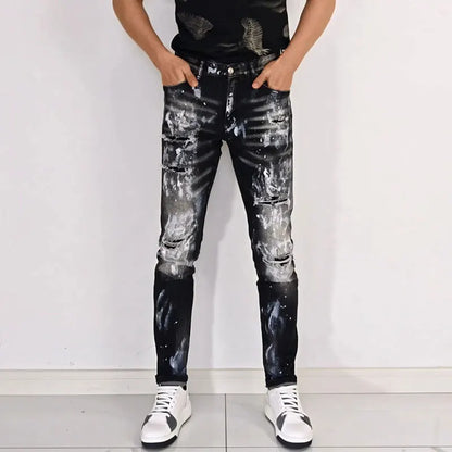 Street fashion men's black gray jeans, high-quality stretch slim fit painted corrugated jeans designer retro hip-hop brand pants
