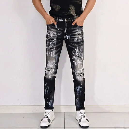 Street fashion men's black gray jeans, high-quality stretch slim fit painted corrugated jeans designer retro hip-hop brand pants