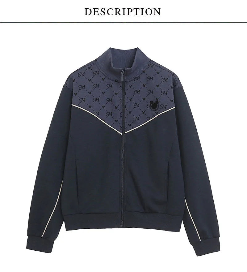 Embroidery Zip Up Sweatshirt Women Casual Stand Collar Bomber Jacket Patchwork Contrast Color Jumper Outwear Top