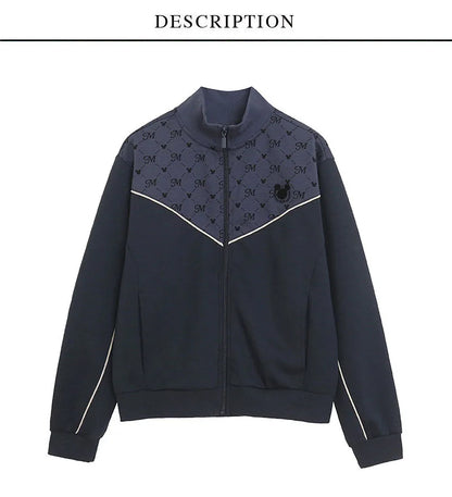 Embroidery Zip Up Sweatshirt Women Casual Stand Collar Bomber Jacket Patchwork Contrast Color Jumper Outwear Top