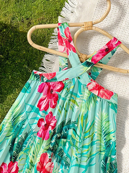 Girls' vacation style cross shoulder strap dress with tropical plant pattern pleated skirt lively and fresh beach travel