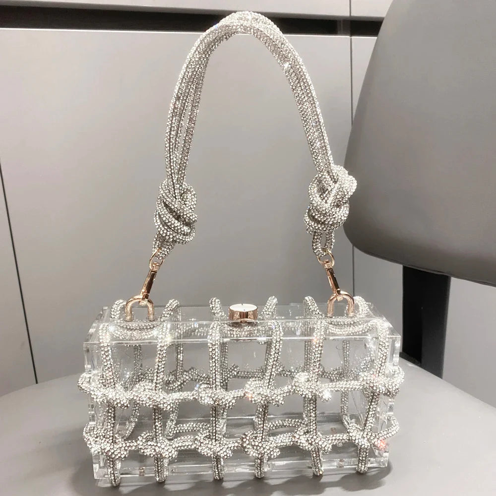 Bolsa de Noite com Alça e Strass Prateada de Cristal Feita à Mão para Mulheres, Bolsas e Bolsas de Mão de Designer de Luxo para Banquete