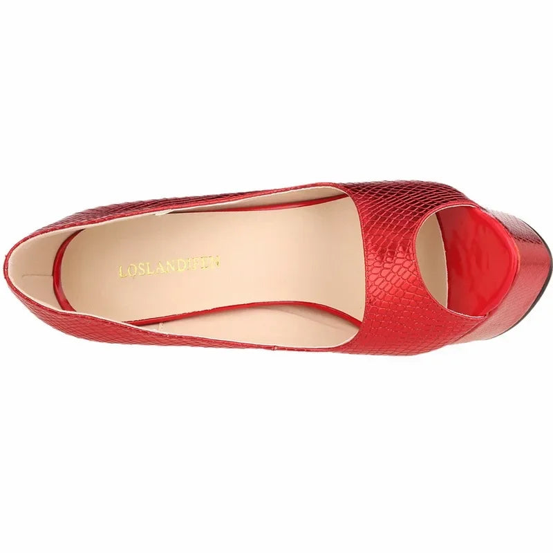 Women Sandals Sexy Pumps Patent Leather Platform Crocodile Pattern 14cm High Heels Peep Toe Stilettos Party Dress Wedding Shoes