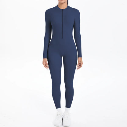 Solid Color Bodysuits for Woman's Backless Long Sleeved Zipper Yoga Jumpsuits High Dtrength Workout Sports Fitness Clothing Set