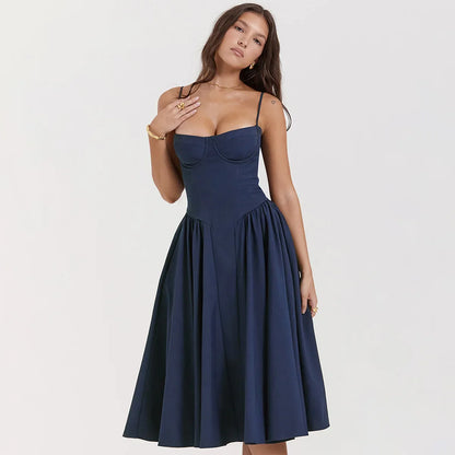 Women Elegant Sleeveless Backless Pleated Dresses Lady Sexy Solid Sling Midi Dress 2024 Female Party Evening A-line Robes