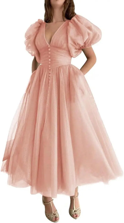 Puffy Sleeve Prom Dresses for Women Dotted Tulle V Neck Formal Evening Party Gowns Tea Length Formal Dress Women Elegant