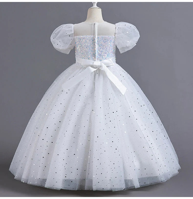 Children's Dress Girls' Princess Sequin Bubble Sleeve Long Mesh Flower Little Girl Wedding For Summer