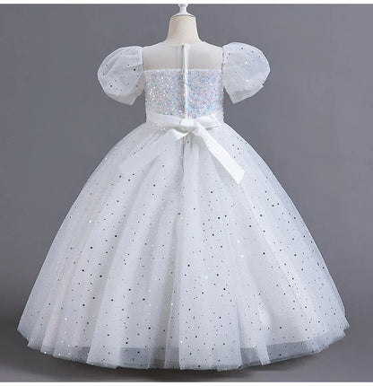 Children's Dress Girls' Princess Sequin Bubble Sleeve Long Mesh Flower Little Girl Wedding For Summer