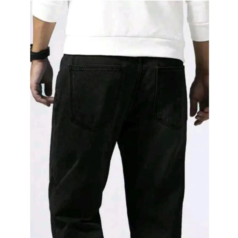 New Spring Autumn Straight Jeans Micro Elastic Versatile Pure Black Casual Denim Pants Men's Solid Color Baggy Regular Trousers