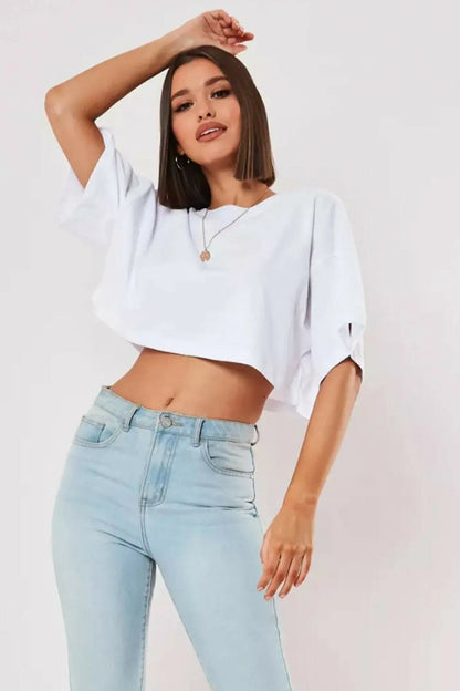 Camiseta Esportiva Feminina de Algodão Manga Curta Dança Corrida Yoga Fitness Cropped Top Mostrando o Umbigo Novo Solto para Academia