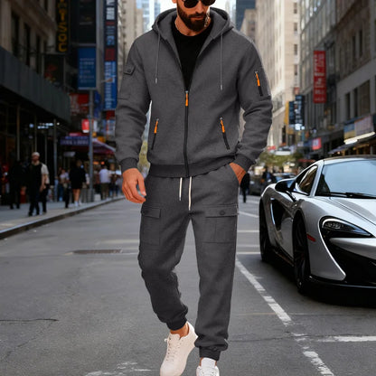 Autumn and winter men's velvet loose casual tooling outdoor sports fashion hooded sweater set
