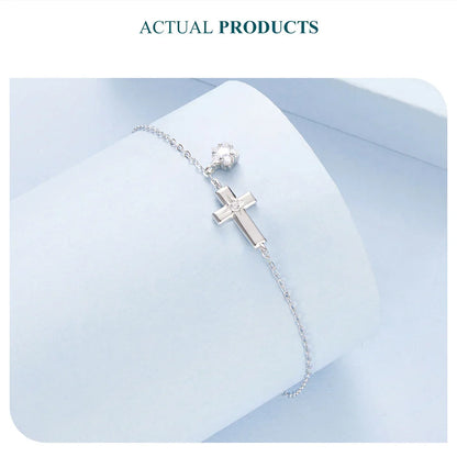 925 Sterling Silver Starlight Cross Bracelet Wrist Chain with Star Zircon Pendant Adjustable for Women Summer Daily Gift