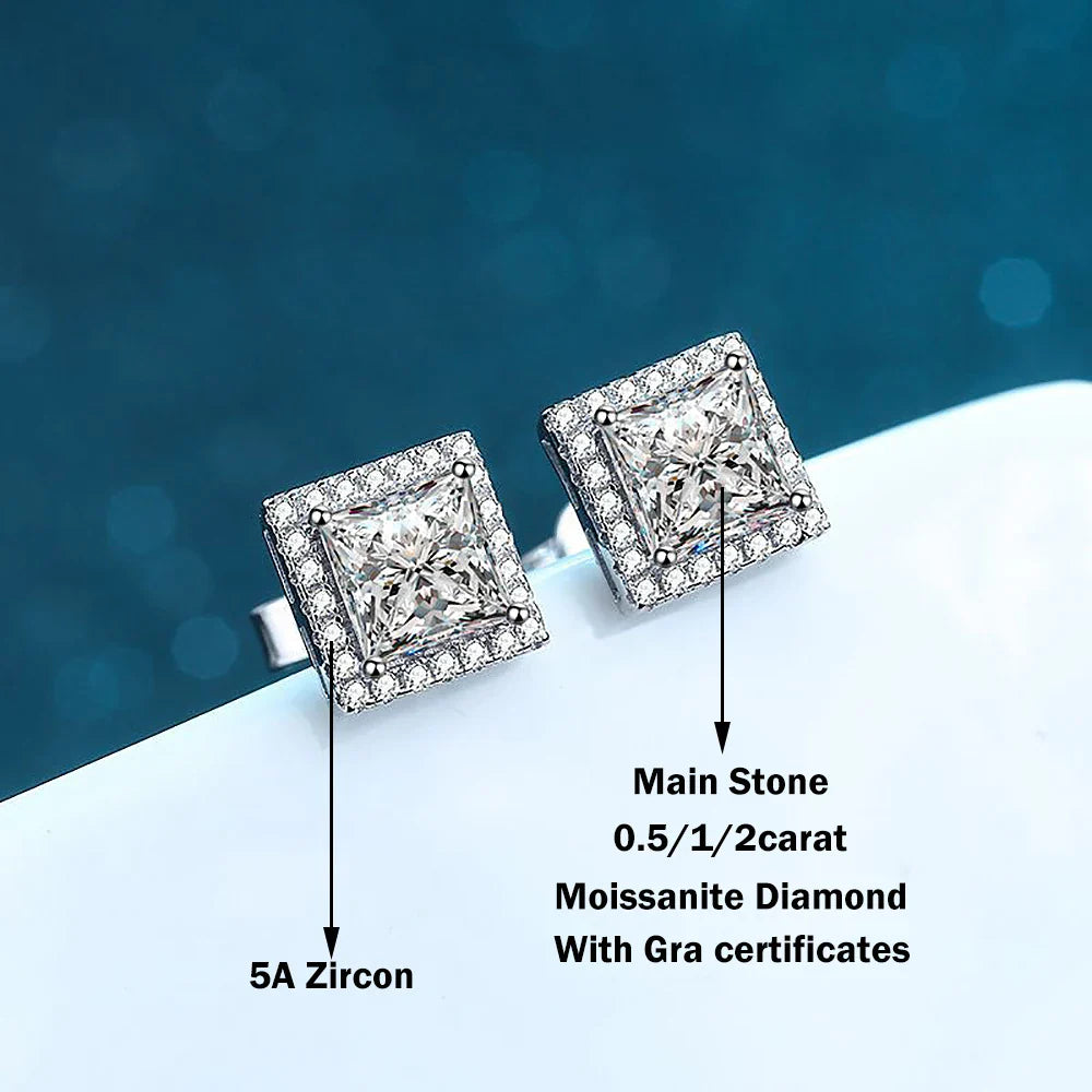 0.5/1/2carat Princess Cut Moissanite Halo Diamond Stud Earrings with Certificates 925 Sterling Silver Square Ear Studs for Women