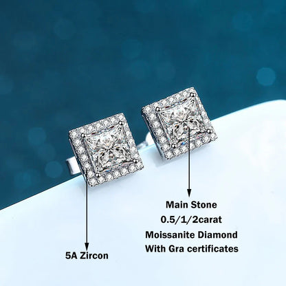 0.5/1/2carat Princess Cut Moissanite Halo Diamond Stud Earrings with Certificates 925 Sterling Silver Square Ear Studs for Women