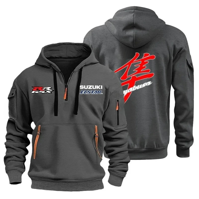 Men's casual street outdoor sports motorcycle multi-pocket sweatshirt, half-hooded sweatshirt, running and fitness sports