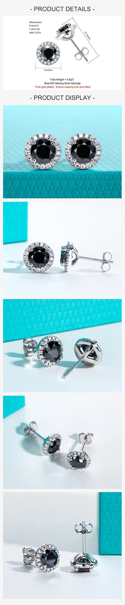 1ct Black Moissanite Classic Earring 925 Sterling Silver 18K Plated Stud Earrings for Woman Fine Jewelry Wholesale