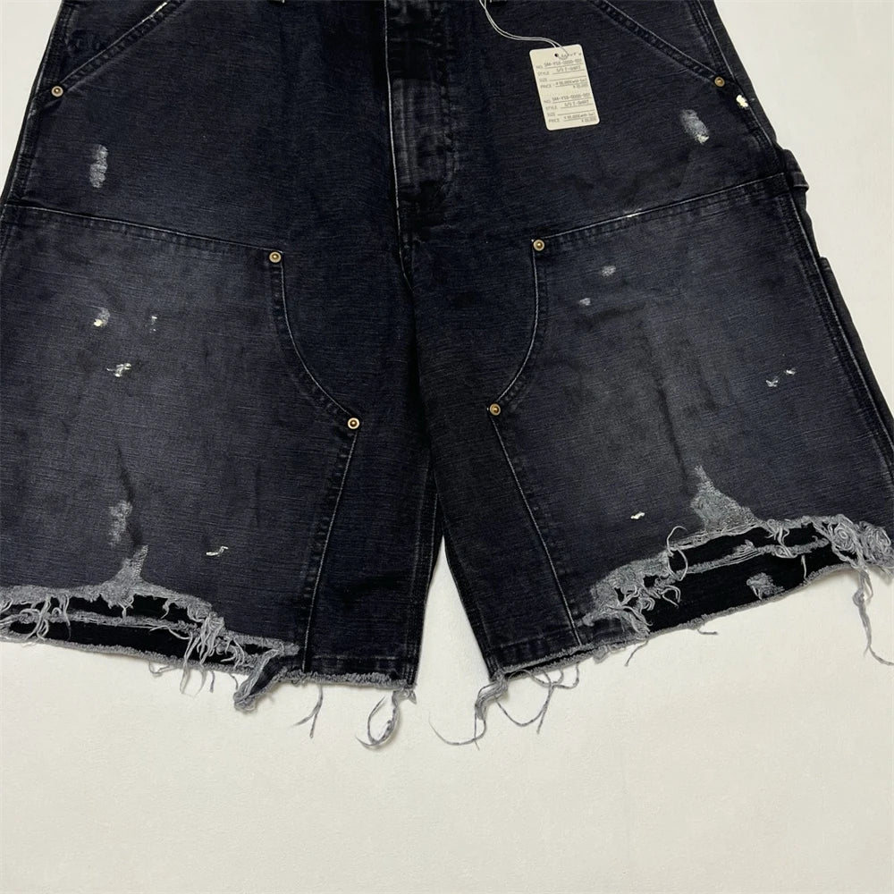 Black Nice Washed Damaged Saint DOUBLE KNEE Zipper Denim Shorts Men Women Oversized Shorts