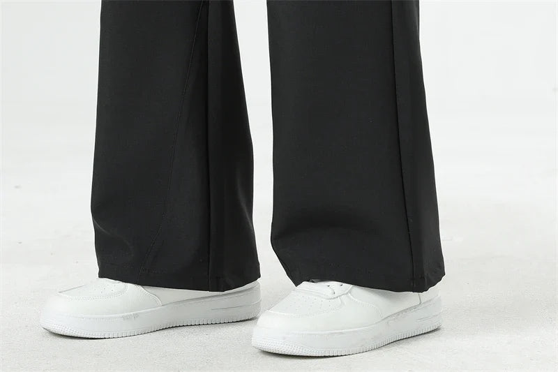Men's Korean Fashion Small Flared Suit Pants Elastic Waist Drape Loose Straight Solid Color Business Office Casual Male Trousers