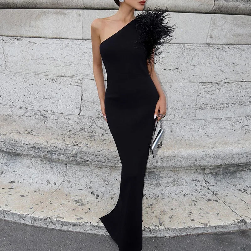 Black Sleeveless One Shoulder Maxi Dress For Women Bodycon Sexy Party Elegant Long Dress Birthday Evening Outfit