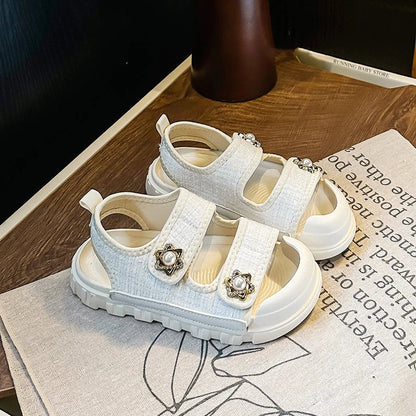 2025 Nice Straw Children Sandals New Arrivals Girls Appliques Metal Decos Sandals for Kids Girl Anti-kick Toe Beach Shoes I03242