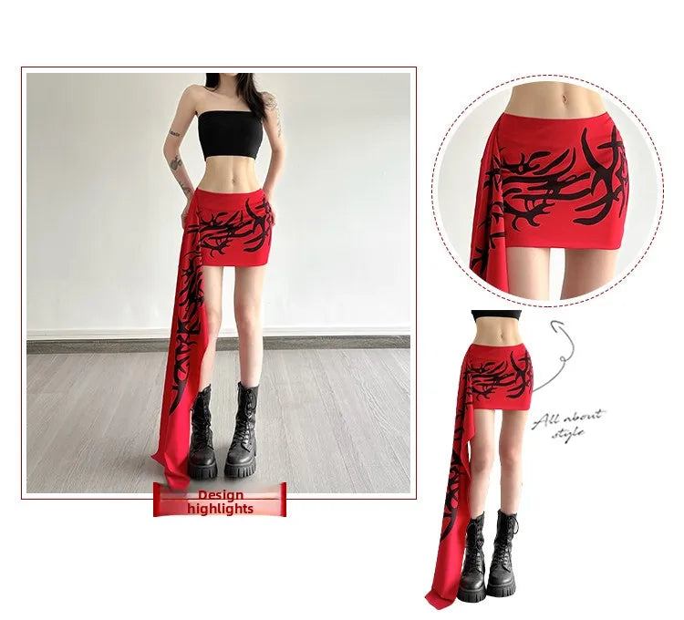 Y2K Millennium Graffiti High Waist Midi Skirt Women's Cool Unisex Asymmetrical Design Polyester Spandex Blend