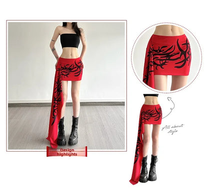 Y2K Millennium Graffiti High Waist Midi Skirt Women's Cool Unisex Asymmetrical Design Polyester Spandex Blend