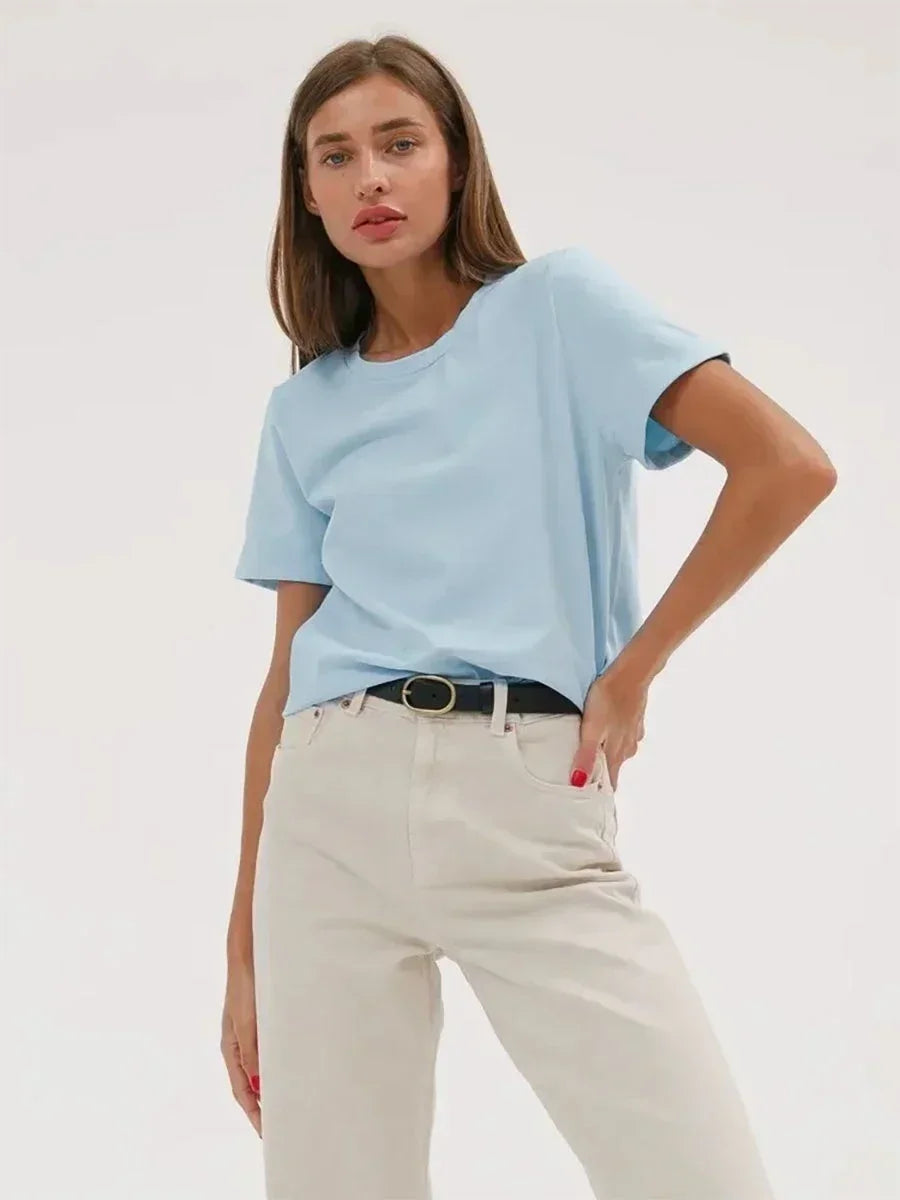 Summer 100% Cotton Women's T-shirt Bottoming Basic Fashionable Solid Lady Short Sleeve Loose Tops Shirts 230g/㎡ Tops