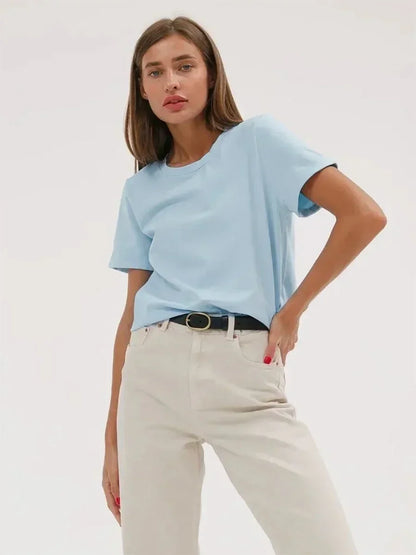 Summer 100% Cotton Women's T-shirt Bottoming Basic Fashionable Solid Lady Short Sleeve Loose Tops Shirts 230g/㎡ Tops