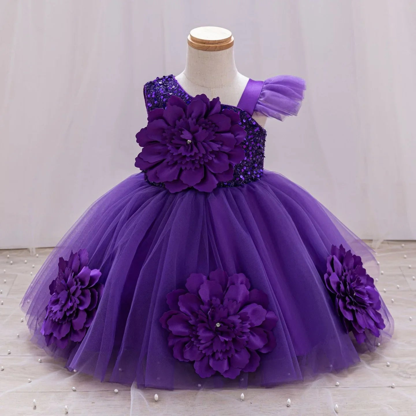 New Red Single Shoulder Sparkling Flying Sleeve Baby's Birthday Party Dress 0-6 Year Old Girl Pageant Dresses for Toddler Girls