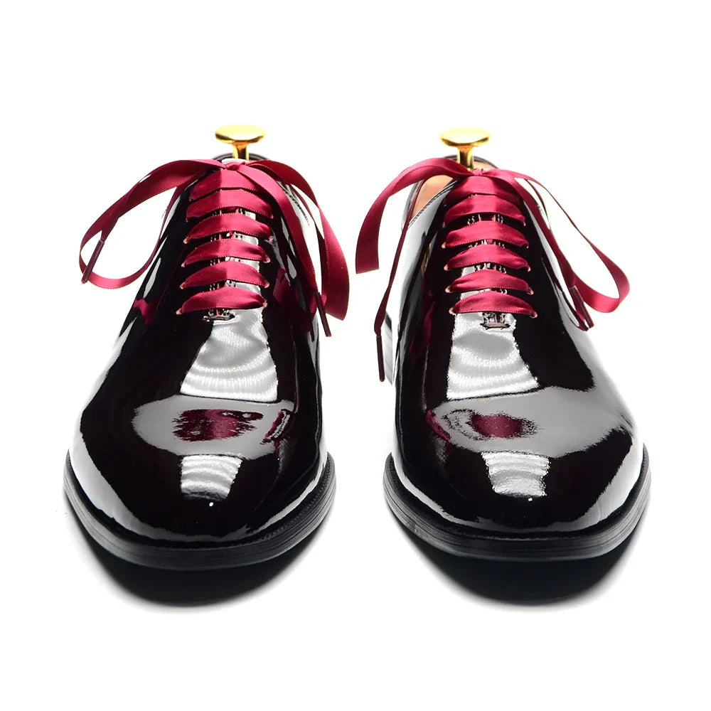 Luxury Men's Dress Shoes Burgundy Smooth Patent Leather Italian Whole Cut Plain Toe Oxford Lace-Up Wedding Party Formal Shoes