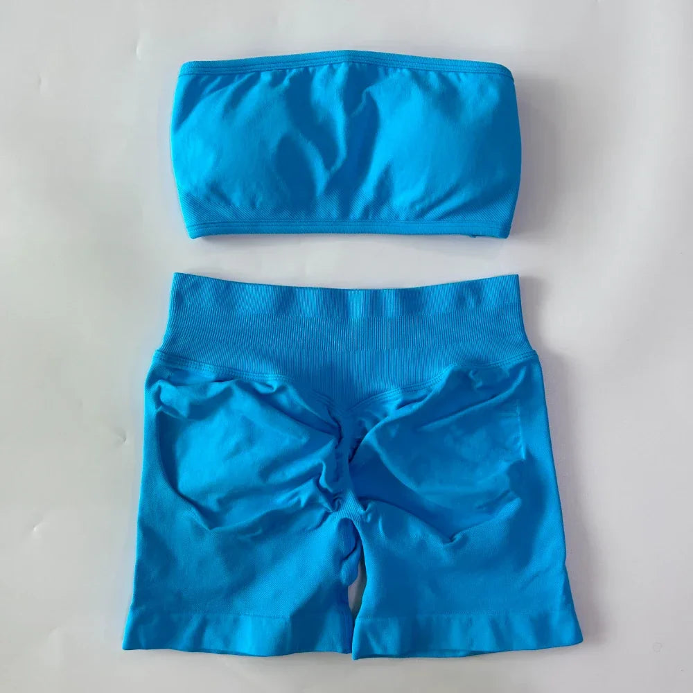 No Logo Women 2 Pieces Yoga Set Backless Bandeau Sports Bra Scrunch Shorts Yoga Clothing Gym Set Workout Clothes Outfits Sets